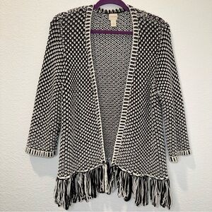 Chico's Sweater Cardigan Open Front Black&White Womens Long Sleeve Fringe size 2